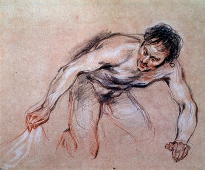 Studie van een naakte man die een draperie trekt door Jean Antoine Watteau