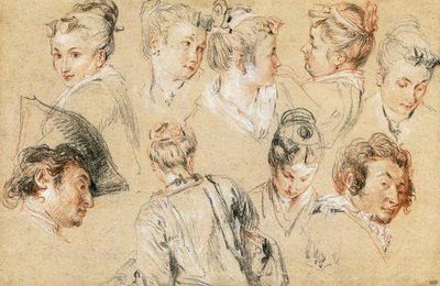 Studie van hoofden, door Jean-Antoine Watteau, tekening door Jean Antoine Watteau