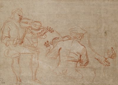 Studie van twee violisten en een paar handen, die een arm vasthouden, rechts door Jean Antoine Watteau