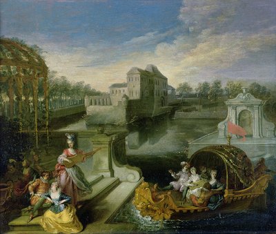 De lente: Fete Champetre in een water tuin met figuren in een boot door Jean Antoine Watteau