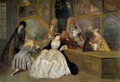 De keuze. Rechterdetail van het bord van Gersaint. Personages in een kunstwinkel die de werken kiezen die ze willen kopen. Edme Francois Gersaint (schilderij door Jean Antoine Watteau) door Jean Antoine Watteau