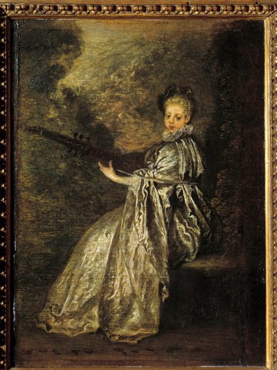 Het meisje Finette speelt een snaarinstrument. Schilderij door Jean Antoine Watteau (1684-1721) 18e eeuw door Jean Antoine Watteau
