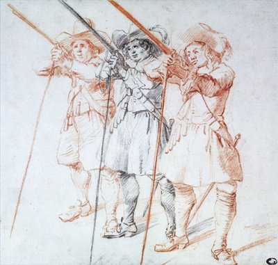 Drie Arquebusiers door Jean Antoine Watteau