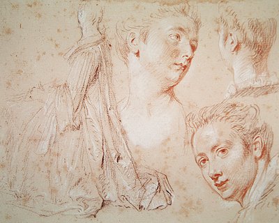 Drie Hoofden en een Zittende Vrouw door Jean Antoine Watteau