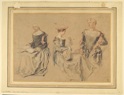 Drie Studies van Zittende Vrouwen door Jean Antoine Watteau