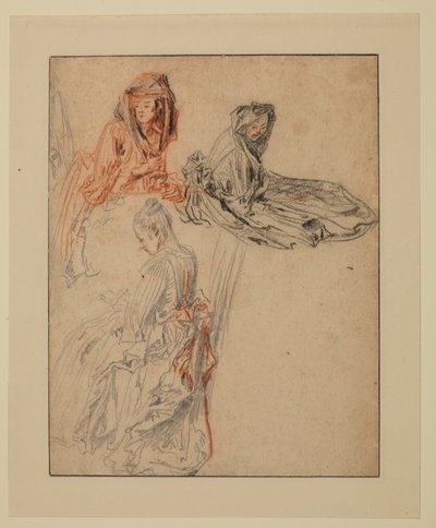 Drie studies van vrouwelijke figuren door Jean Antoine Watteau