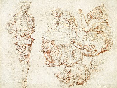 Twee Mannen en Vier Katten door Jean Antoine Watteau