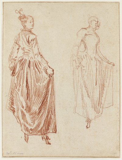Twee studies van een danseres die haar rok optilt met haar twee handen door Jean Antoine Watteau