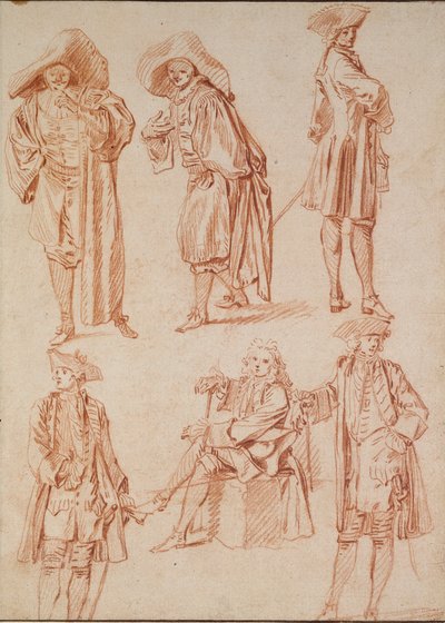 Twee studies van de dokter in de Italiaanse komedie en vier officieren, 18e eeuw door Jean Antoine Watteau