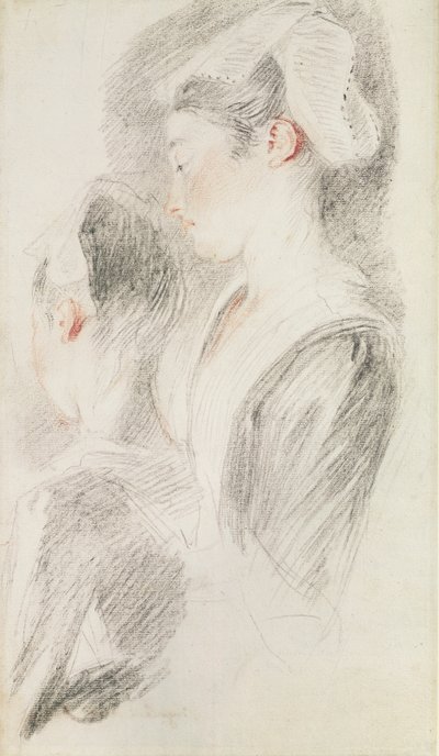 Twee studies van een vrouw, driekwart van achteren, een in profiel door Jean Antoine Watteau