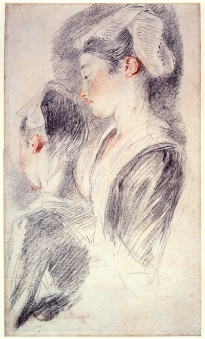 Twee studies van het hoofd van een jonge vrouw, 1716-18 door Jean Antoine Watteau