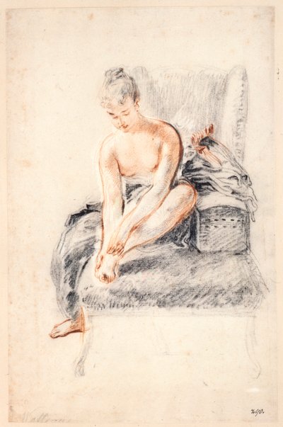 Jonge vrouw, naakt, houdt een voet in haar handen, 1716-18 door Jean Antoine Watteau
