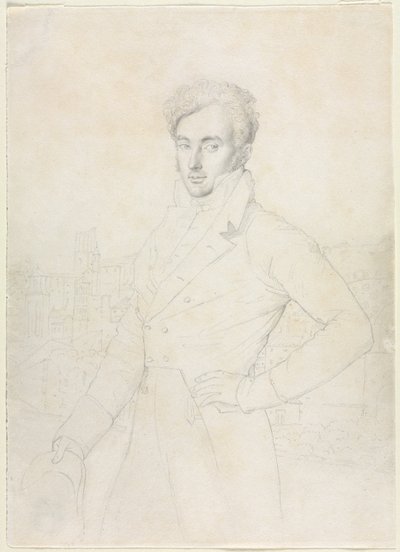 Portret van een jonge man staande op de Quirinaal met de Turris Comitum op de achtergrond, 1800s door Jean Auguste Dominique Ingres