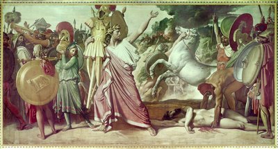 Romulus, overwinnaar van Acron, draagt de opimite resten naar de tempel van Jupiter. De stichter van Rome, Romulus (Romolo), versloeg Acron, de koning van de Ceniniërs in 748 v.Chr. door Jean Auguste Dominique Ingres