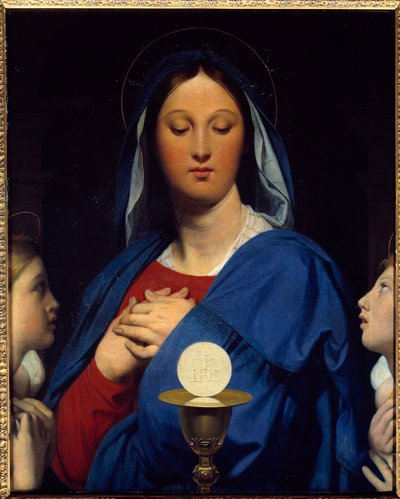 De maagd heeft de hostie. Symbolen van de communie: Object van de Eucharistie (de hostie als het lichaam van Christus en de wijn van de kelk als zijn bloed). Schilderij door Jean Auguste Dominique Ingres (1780-1867) door Jean Auguste Dominique Ingres