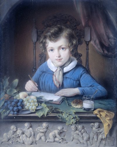 Portret van een jongen, zittend in een raamnis en gekleed in een blauw jasje door Jean Augustin Daiwaille (attributed to)