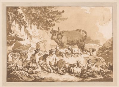 Rustende saters tussen schapen en een koe in een landschap door Jean Baptist Leprince