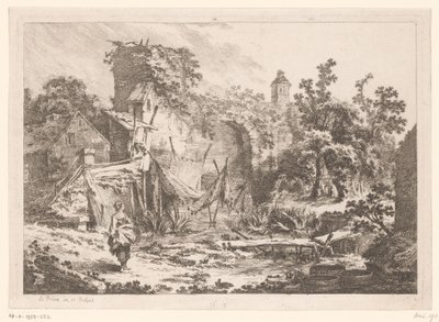 Vrouw voor een vissershuis met uitgespannen netten door Jean Baptist Leprince
