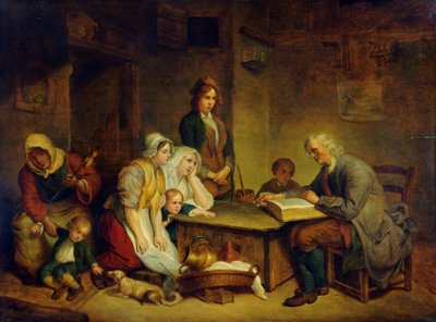 Een vader leest een bijbel voor aan zijn gezin door Jean Baptiste (after) Greuze
