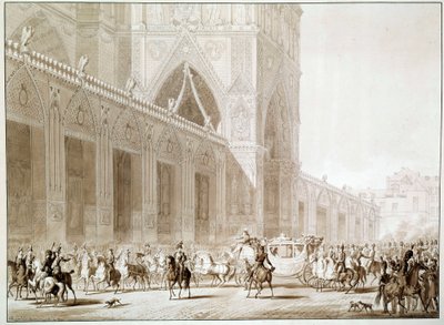 De aankomst per koets van Keizer Napoleon I en Keizerin Josephine de Beauharnais bij de Kathedraal Notre Dame de Paris op de dag van de Heilige door Jean Baptiste (after) Isabey