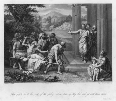 De Verlamde Man genezen, Mattheüs IX, 6 (gravure) door Jean Baptiste (after) Jouvenet