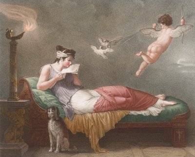 Cupido bezorgt een liefdesbrief door Jean Baptiste (after) Mallet