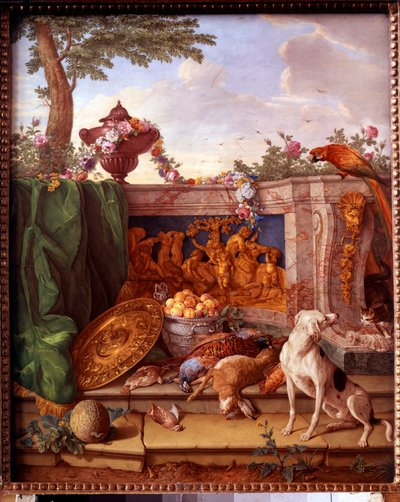 Plaquette met de jachten van Lodewijk XVI: detail van een hond die wild bewaakt door Jean Baptiste (after) Oudry