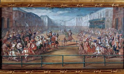 Het pompeuze carrousel van de galante amazones van de vier delen van de wereld gegeven door Lodewijk XIV voor de Tuilerieën op 5 juni door Jean Baptiste (attr. to) Martin