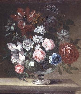 Rozen, tulpen en andere bloemen in een vaas door Jean Baptiste (follower of) Monnoyer
