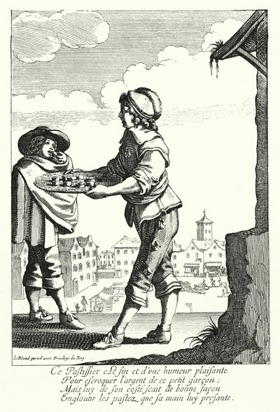 De taartverkoper (gravure) door Jean Baptiste Alexandre (after) Le Blond