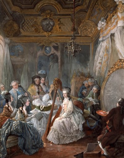 Marie Antoinette speelt harp door Jean Baptiste André Gautier Dagoty