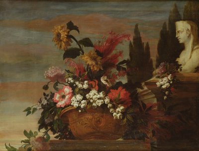 Bloemen in een kom en een sfinx door Jean Baptiste Belin de Fontenay