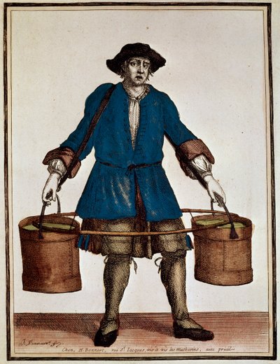 Waterdrager, gekleurde gravure door Henri Bonnart (1642-1711) en Jean Baptiste Bonnart (1654-1726), uit Recueil des modes de la cour de France door Jean Baptiste Bonnart