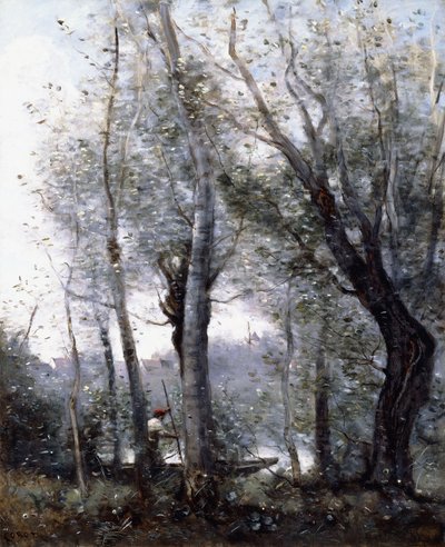 Een schuit die achter bomen aan de oever voorbijgaat, 1865-70 door Jean Baptiste Camille Corot