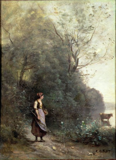 Een boerin die een koe laat grazen aan de rand van een bos, ca. 1865-70 door Jean Baptiste Camille Corot