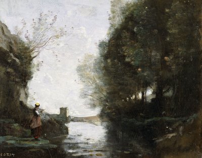 Een Rivier met een Vierkante Toren en een Boer op de Voorgrond door Jean Baptiste Camille Corot