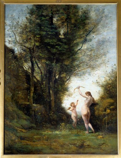 Een nimf die speelt met een liefdesgod door Jean Baptiste Camille Corot