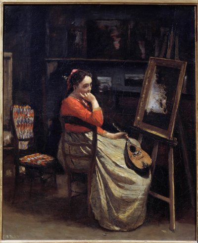 Een peinzende jonge vrouw, een mandoline in haar hand, in het atelier van de schilder door Jean Baptiste Camille Corot