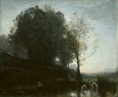 Badenimfen en kind door Jean Baptiste Camille Corot