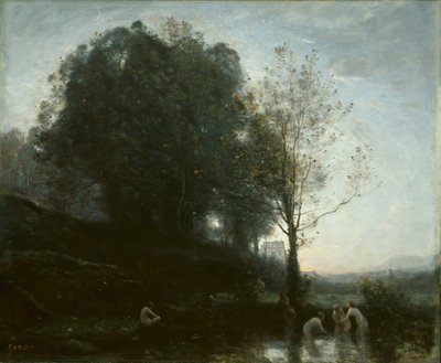 Badenimfen en kind, 1855-1860 door Jean Baptiste Camille Corot