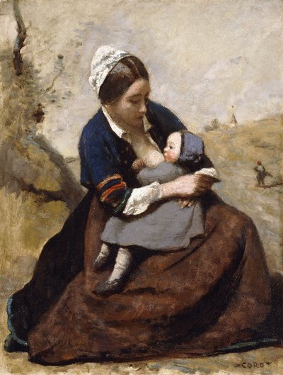 Bretonse Moeder die haar Kind Borstvoeding Geeft door Jean Baptiste Camille Corot
