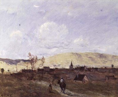 Kavalier in Zicht van een Dorp door Jean Baptiste Camille Corot
