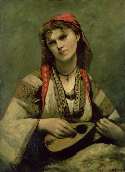 Christine Nilson (1843-1921) of De Boheemse met een mandoline door Jean Baptiste Camille Corot