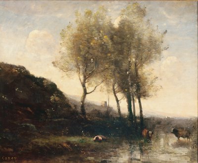 Koeherder rustend aan de voet van koele heuvels, c.1855-65 door Jean Baptiste Camille Corot