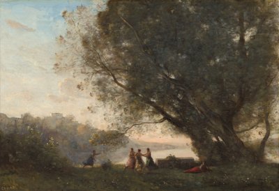 Dans onder de bomen aan de rand van het meer door Jean Baptiste Camille Corot