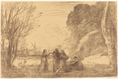 Familie in Terracina door Jean Baptiste Camille Corot