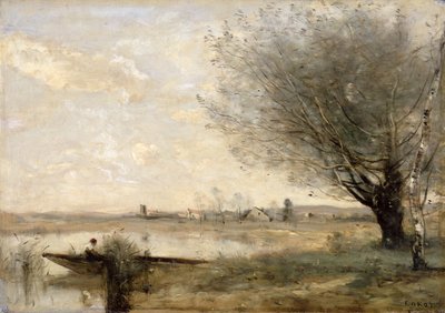 Visser aangemeerd aan een oever door Jean Baptiste Camille Corot