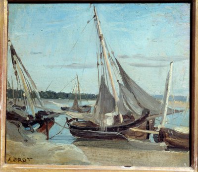 Vissersboten in het kanaal van Trouville door Jean Baptiste Camille Corot