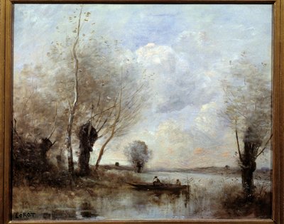 Vissen in een boot met de wilgen. Schilderij door Camille Corot (1796-1875) 19e eeuw Reims, Musee des Beaux Arts door Jean Baptiste Camille Corot