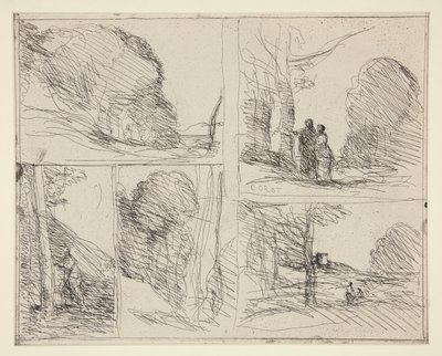 Vijf Schetsen: 1. Le Jardin de Périclès (De Tuin van Pericles) 2. L door Jean Baptiste Camille Corot